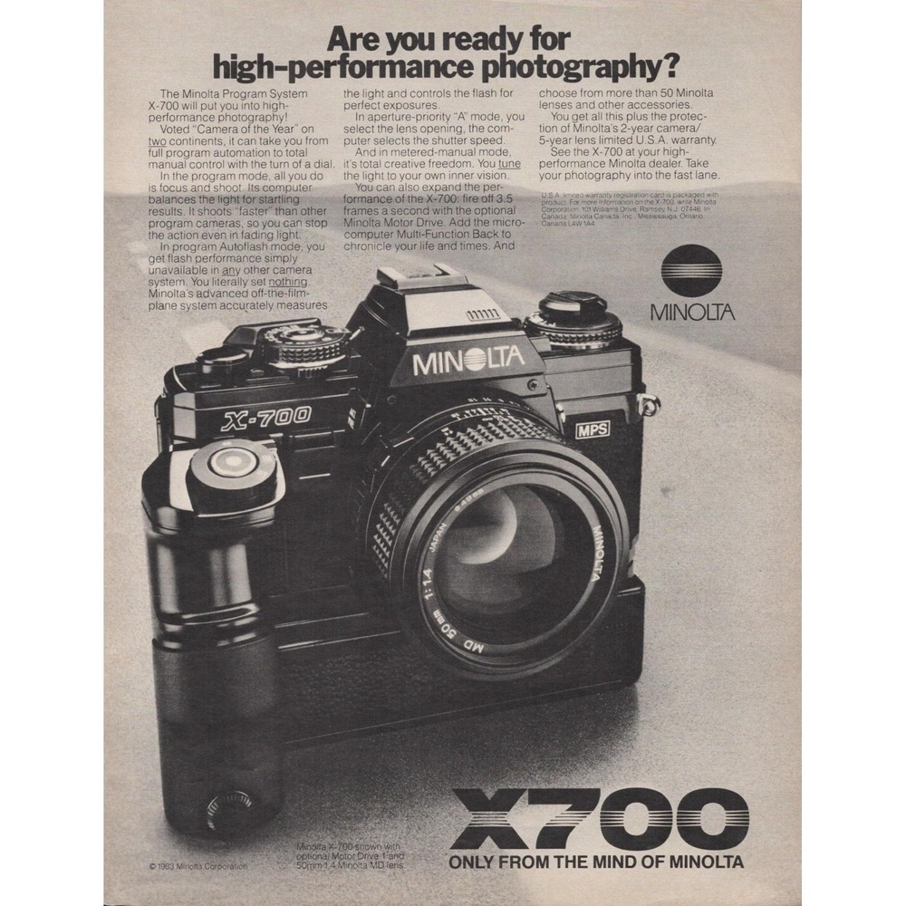 Minolta‎ X 700 Camera High Performance Photography Vintage Print Ad 1983